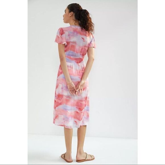 NEW Anthropologie Cloth & Stone Watercolor Tie-Dye V-Neck Wrap Midi Dress Medium - Picture 3 of 3